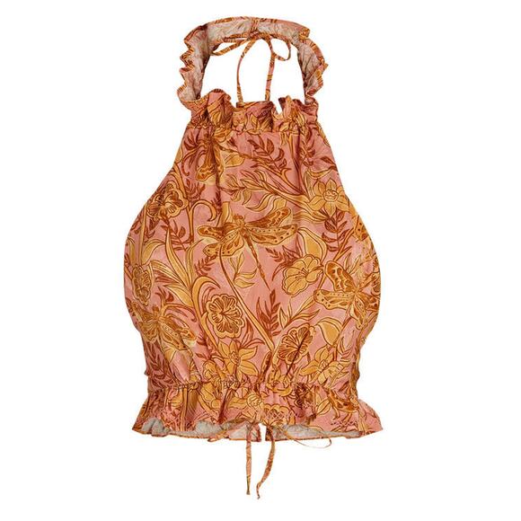 Aqua By Aqua Bendita Nardo Tie-Back Ruffled Halter Top - S - Yellow Paisle